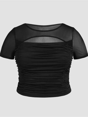 Cider Black Sheer Yoke Ruched Crop Top